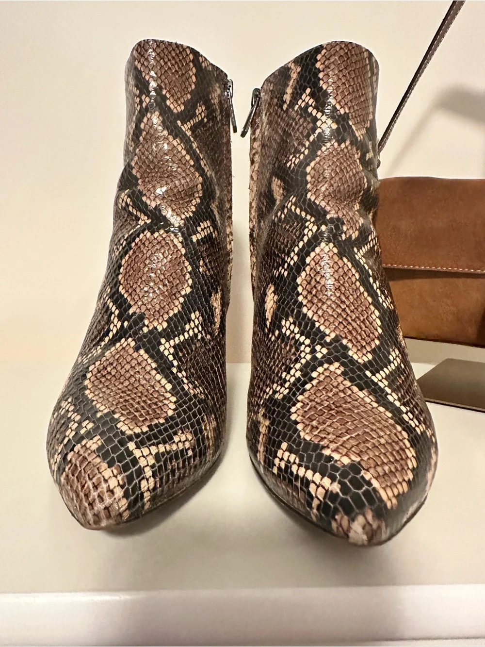 Sam Edelman Snake-Print Pointed Toe Ankle Boots in Brown
